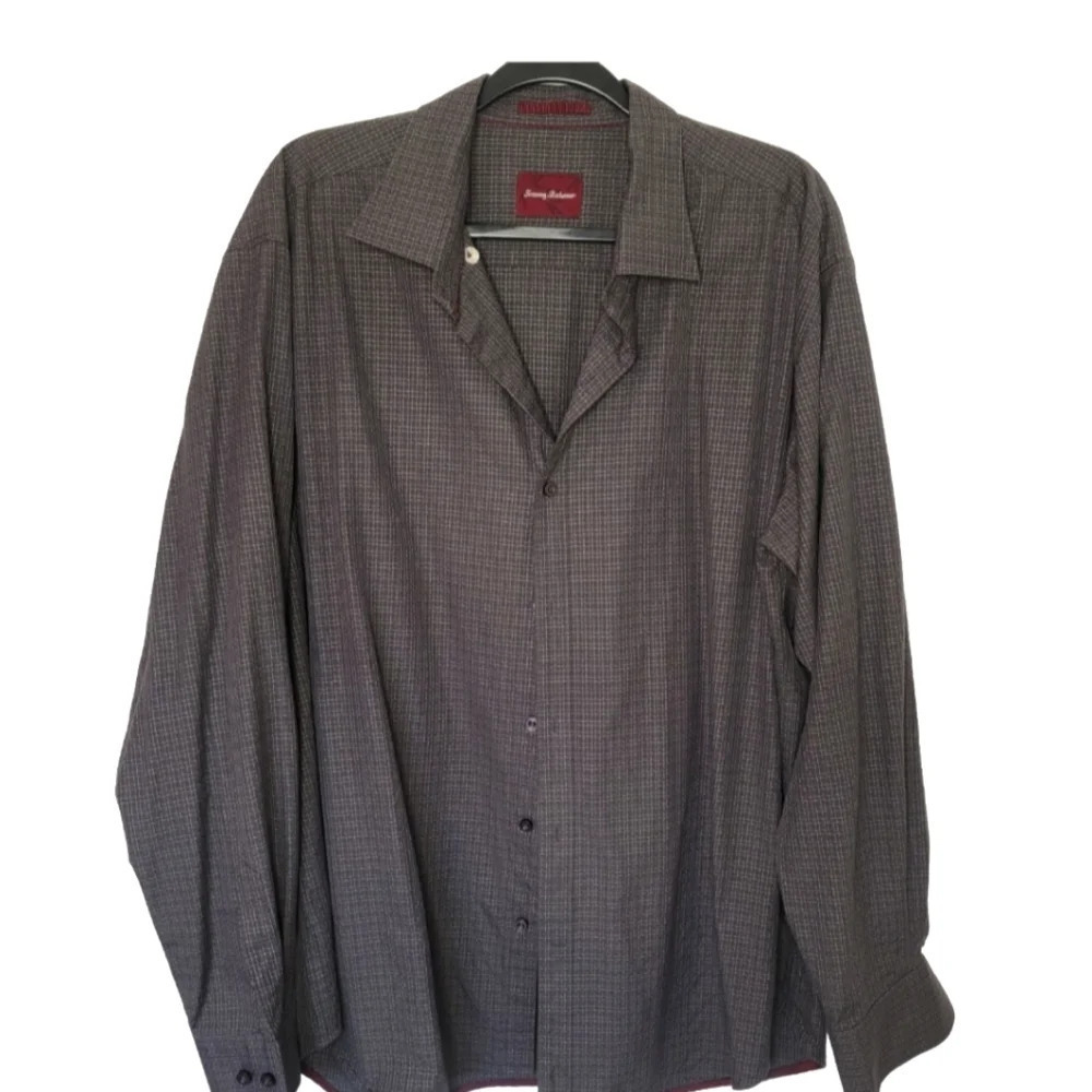 Tommy Bahama Dark Gray Checked Button Down Silk Cotton Blend Shirt XL